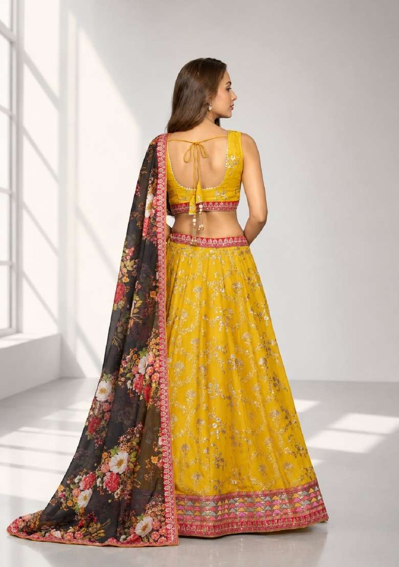 Yellow Embroidery Georgette Lehenga Set - Indya