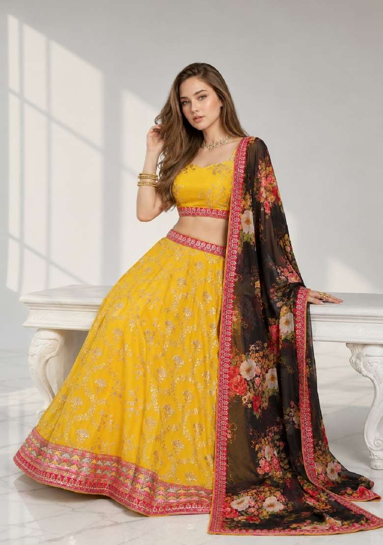Yellow Embroidery Georgette Lehenga Set - Indya