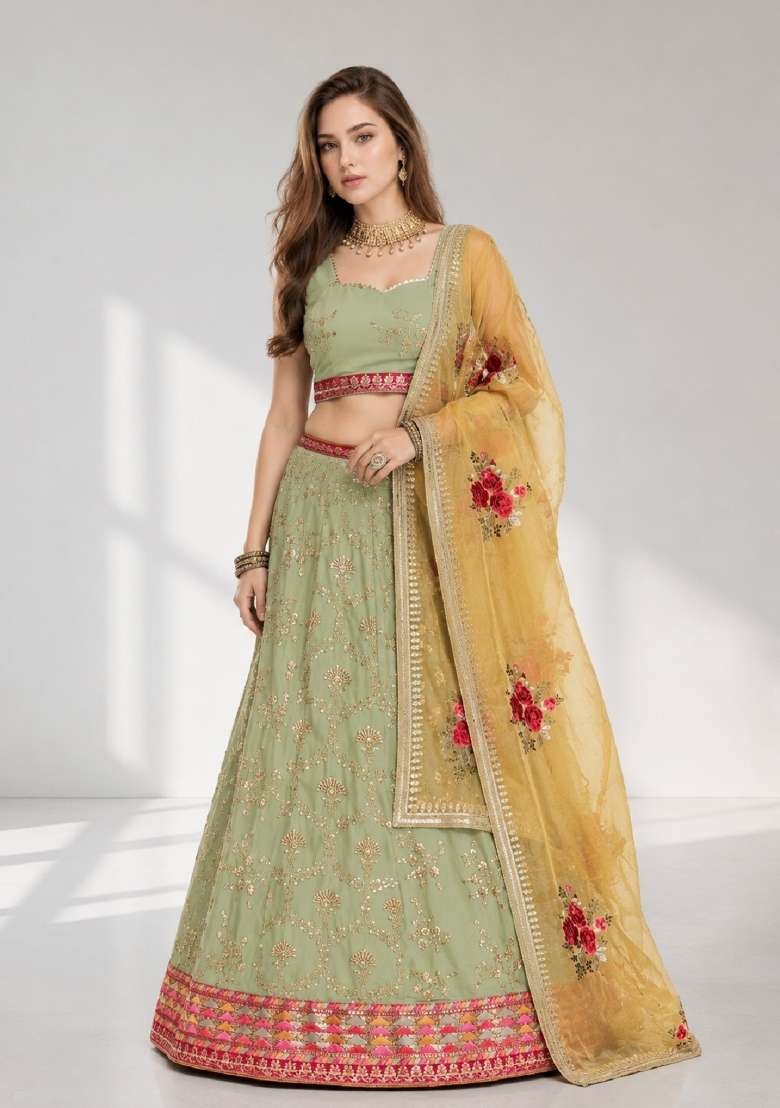 Light Green Embroidery Georgette Lehenga Set - Indya