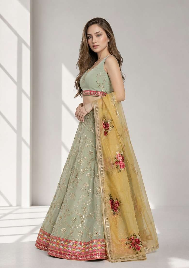 Light Green Embroidery Georgette Lehenga Set - Indya