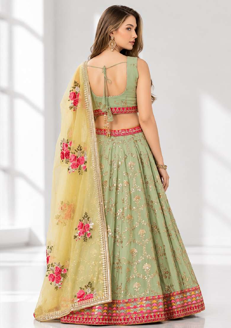 Light Green Embroidery Georgette Lehenga Set - Indya