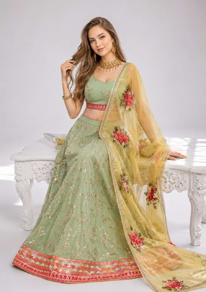 Light Green Embroidery Georgette Lehenga Set - Indya