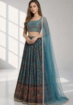Sky Blue Embroidery Chinon Lehenga Set