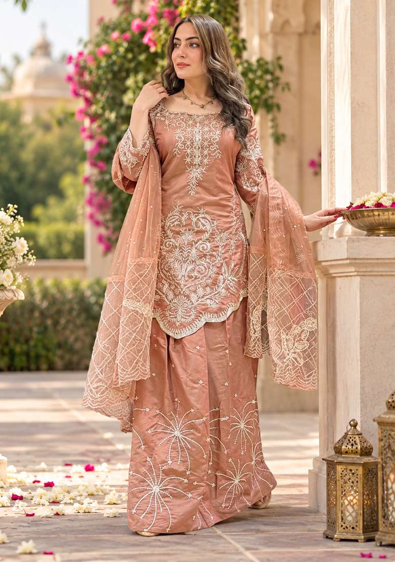 Rose Gold Lehenga Set in Pure Tissue with Tilla Work and Cutwork for Diwali and Festive Wear - Indya