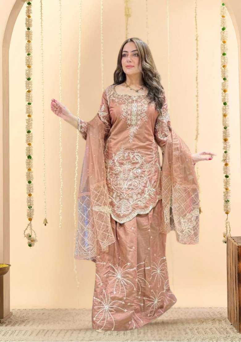 Rose Gold Lehenga Set in Pure Tissue with Tilla Work and Cutwork for Diwali and Festive Wear - Indya
