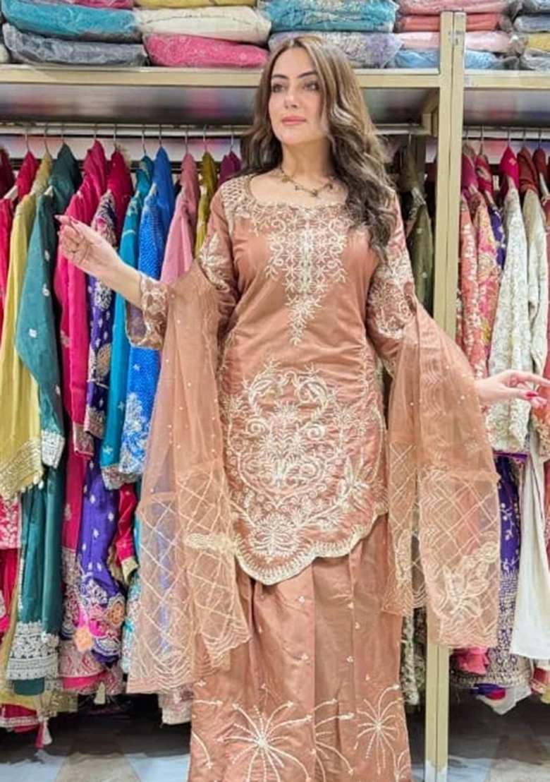 Rose Gold Lehenga Set in Pure Tissue with Tilla Work and Cutwork for Diwali and Festive Wear - Indya