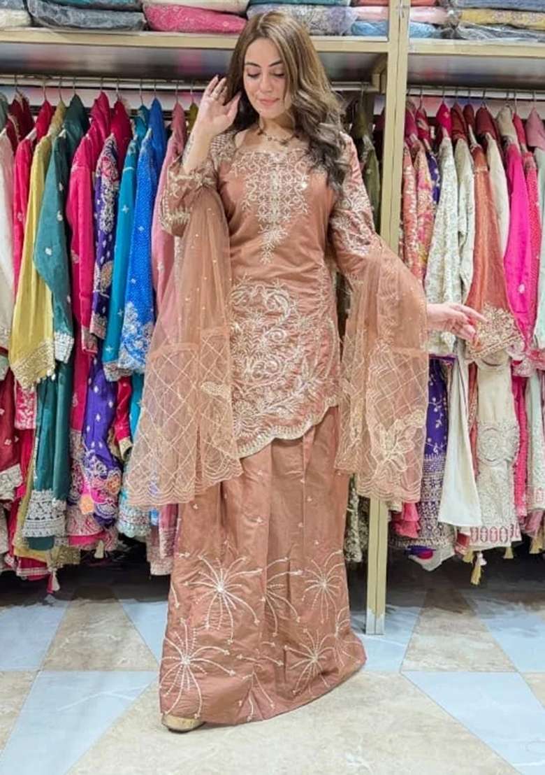 Rose Gold Lehenga Set in Pure Tissue with Tilla Work and Cutwork for Diwali and Festive Wear - Indya