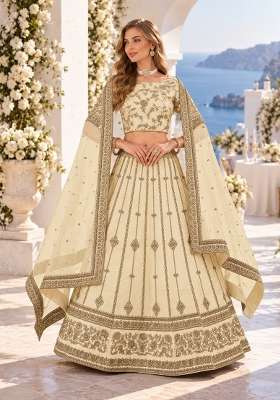 Cream Embroidery Silk Lehenga Set for Diwali and Festive Wear