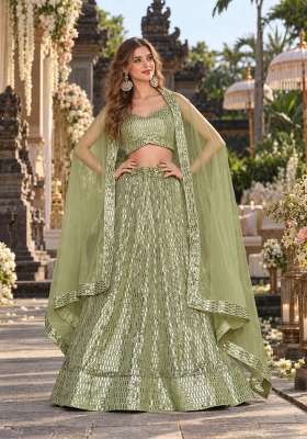 Green Work Net Lehenga Set with Sequin for Diwali | Wedding & Festive Wear