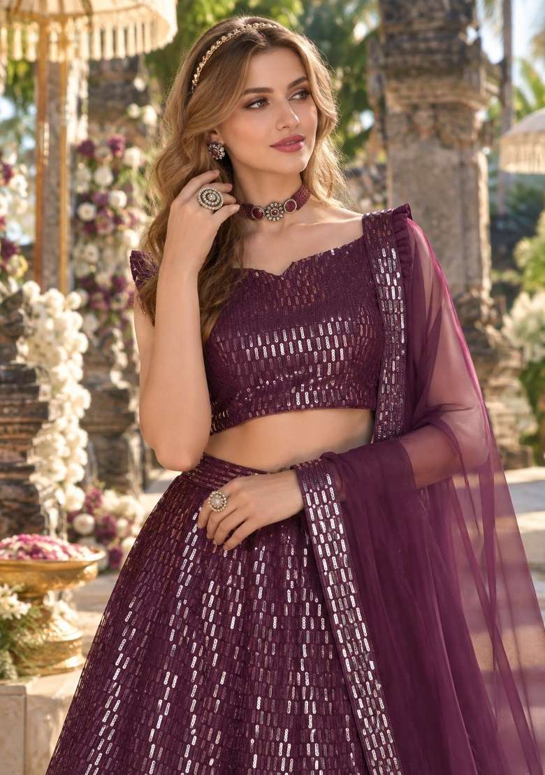 Violet Work Net Lehenga Set with Sequin for Diwali | Wedding & Festive Wear - Indya