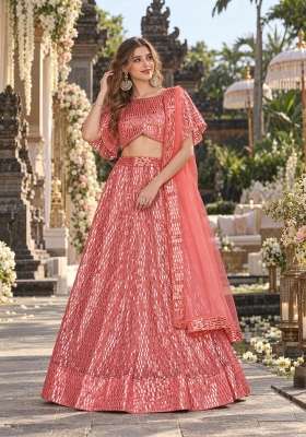 Peach Sequin Work Net Lehenga Set for Diwali and Festive Wear