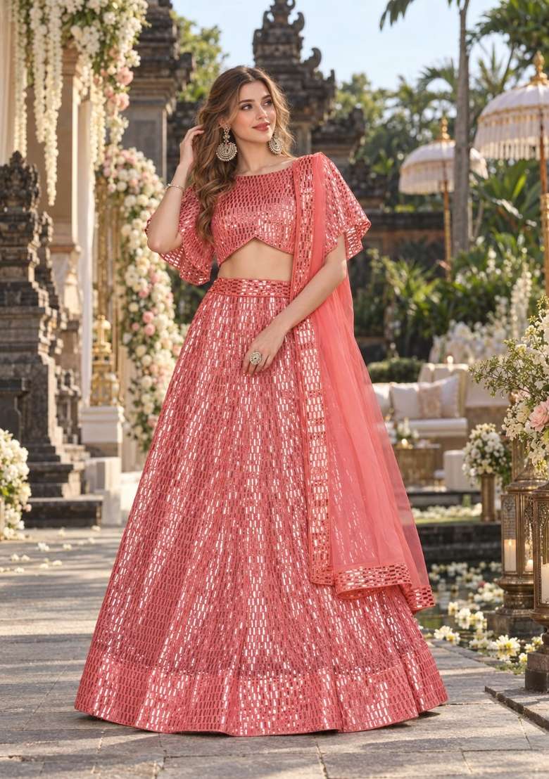 Peach Sequin Work Net Lehenga Set for Diwali and Festive Wear - Indya