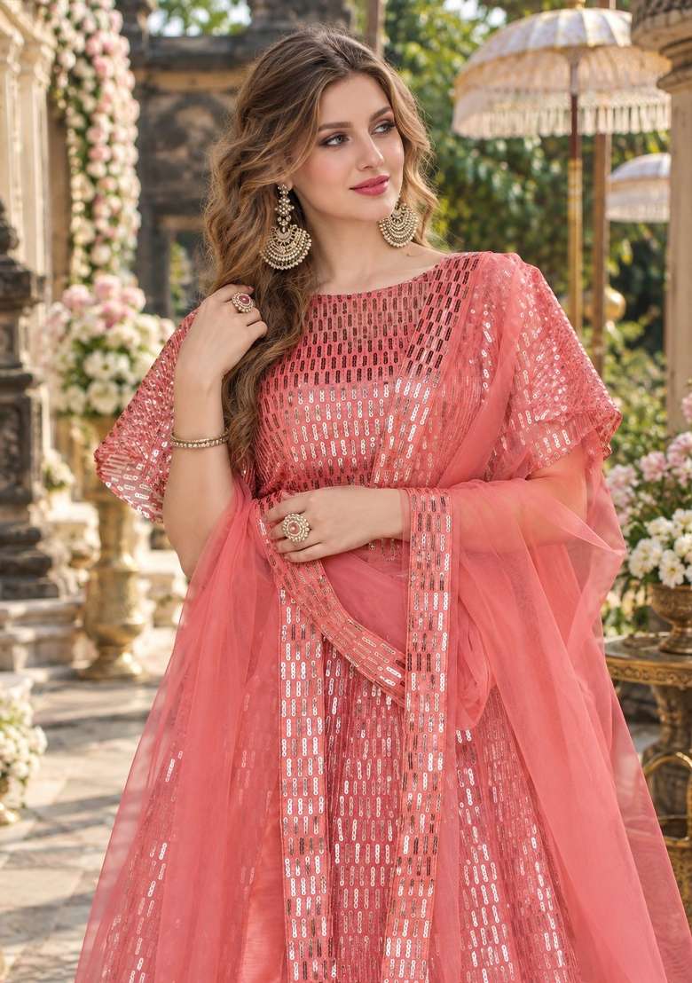 Peach Sequin Work Net Lehenga Set for Diwali and Festive Wear - Indya