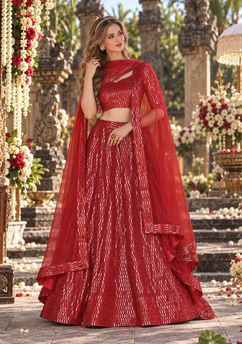 Red Sequin Work Net Lehenga Set for Diwali and Festive Wear - Indya