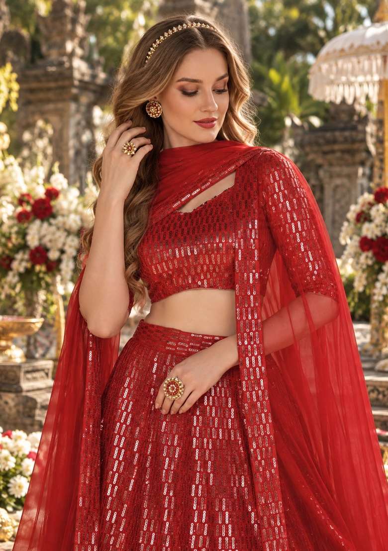 Red Sequin Work Net Lehenga Set for Diwali and Festive Wear - Indya