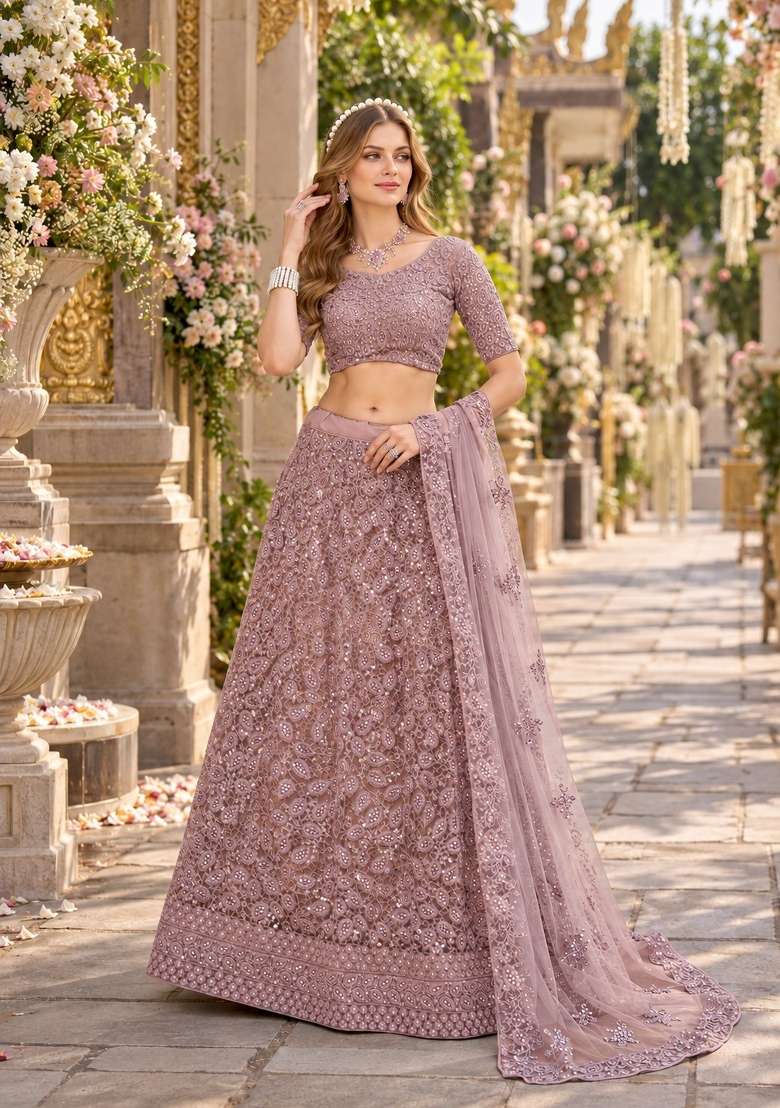 Light Purple Sequin Work Net Lehenga Set - Indya
