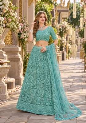Turquoise Sequin Work Net Lehenga Set