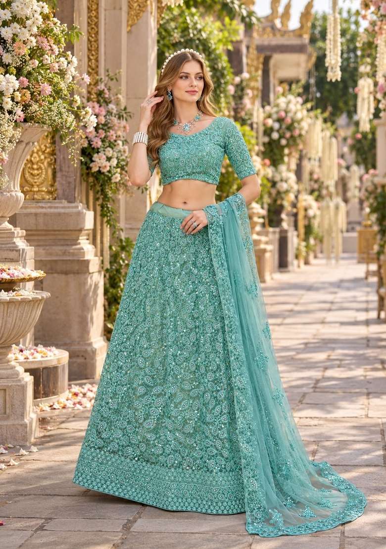 Turquoise Sequin Work Net Lehenga Set - Indya