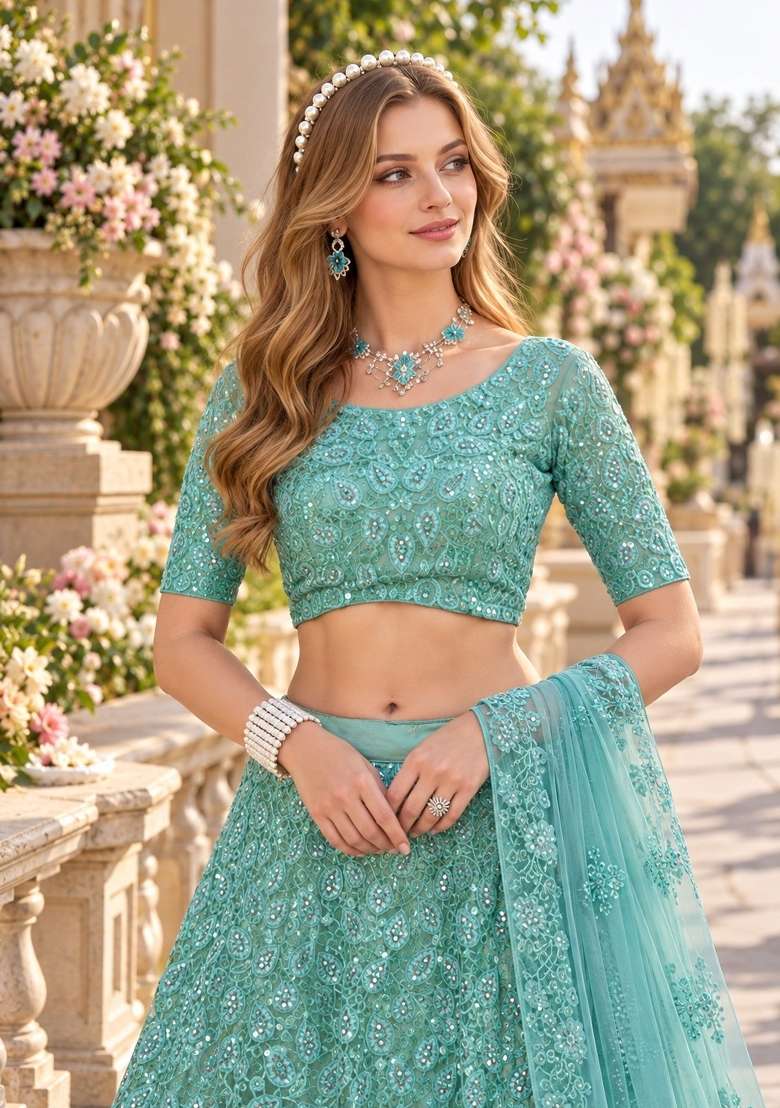 Turquoise Sequin Work Net Lehenga Set - Indya