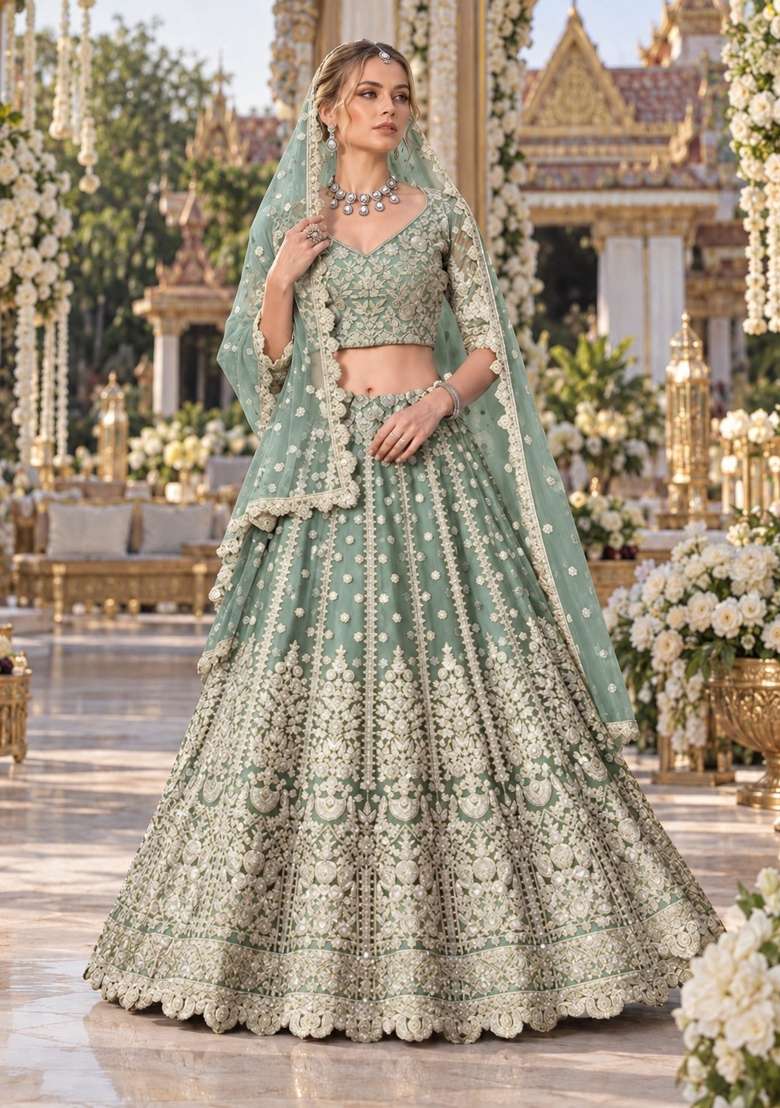 Green Zari Thread Net Lehenga Set - Indya