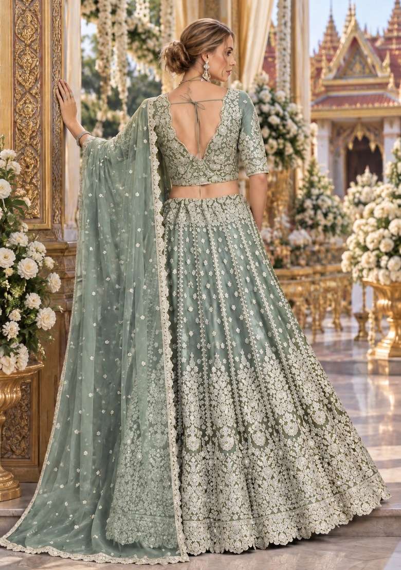 Green Zari Thread Net Lehenga Set - Indya