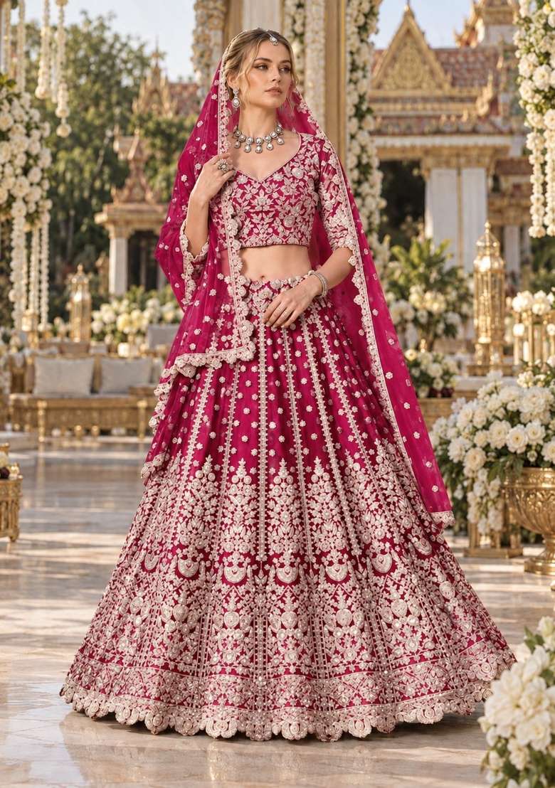 Magenta Zari Thread Net Lehenga Set - Indya