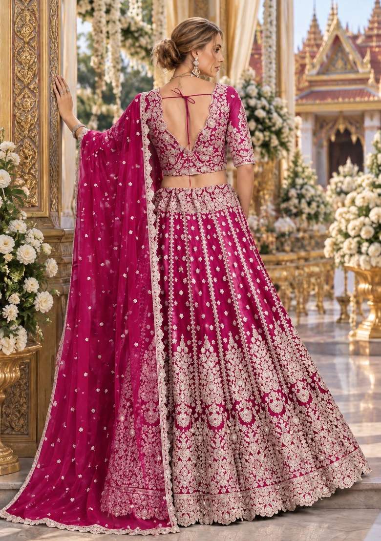 Magenta Zari Thread Net Lehenga Set - Indya
