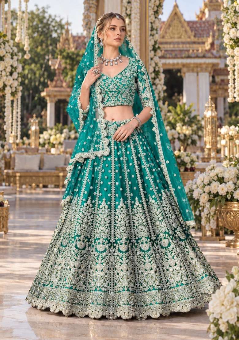 Turquoise Zari Thread Net Lehenga Set - Indya