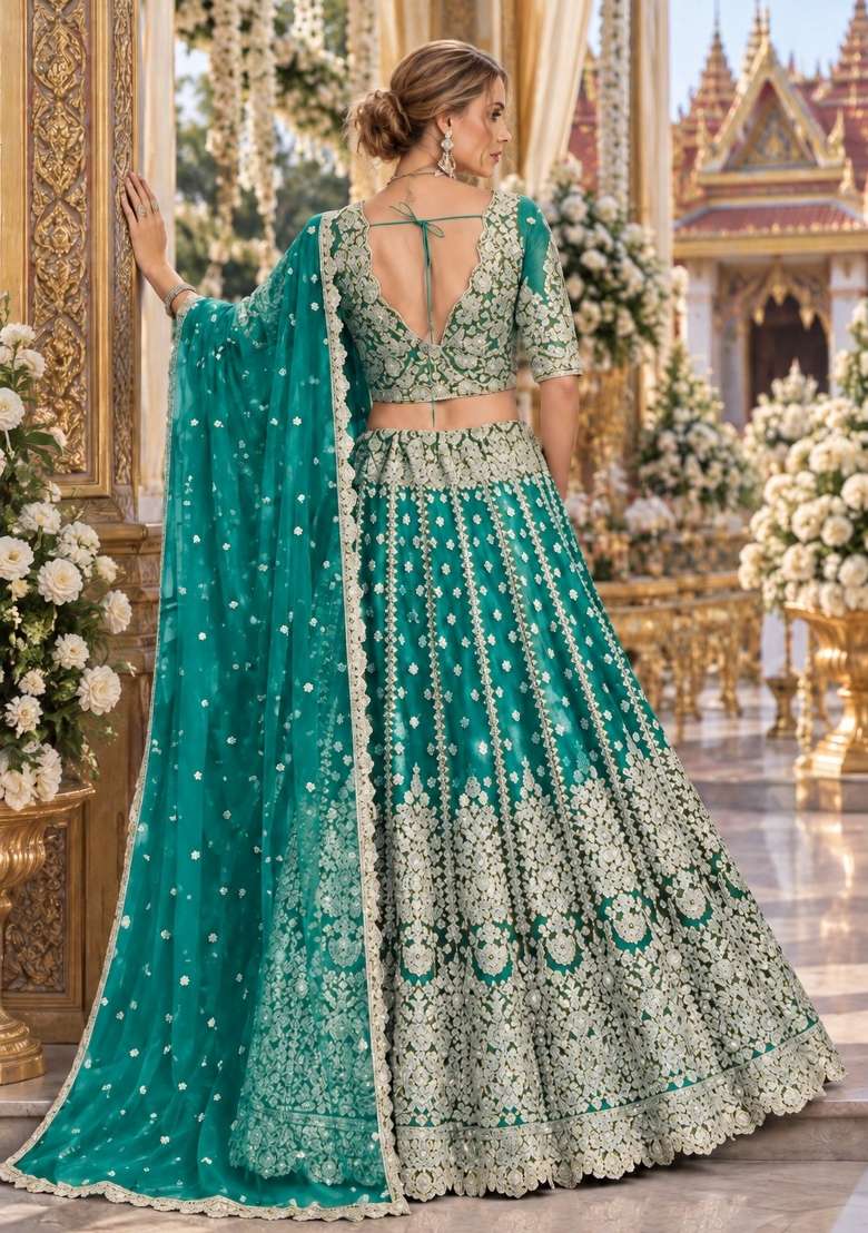 Turquoise Zari Thread Net Lehenga Set - Indya