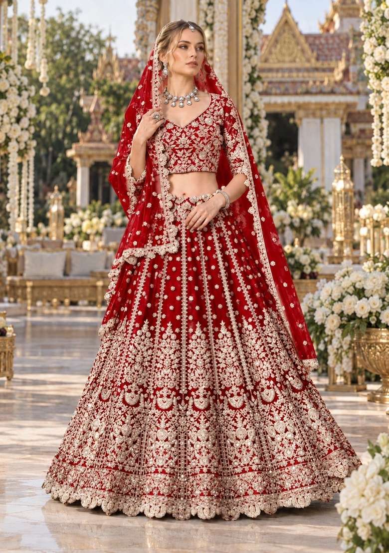 Red Zari Thread Net Lehenga Set - Indya