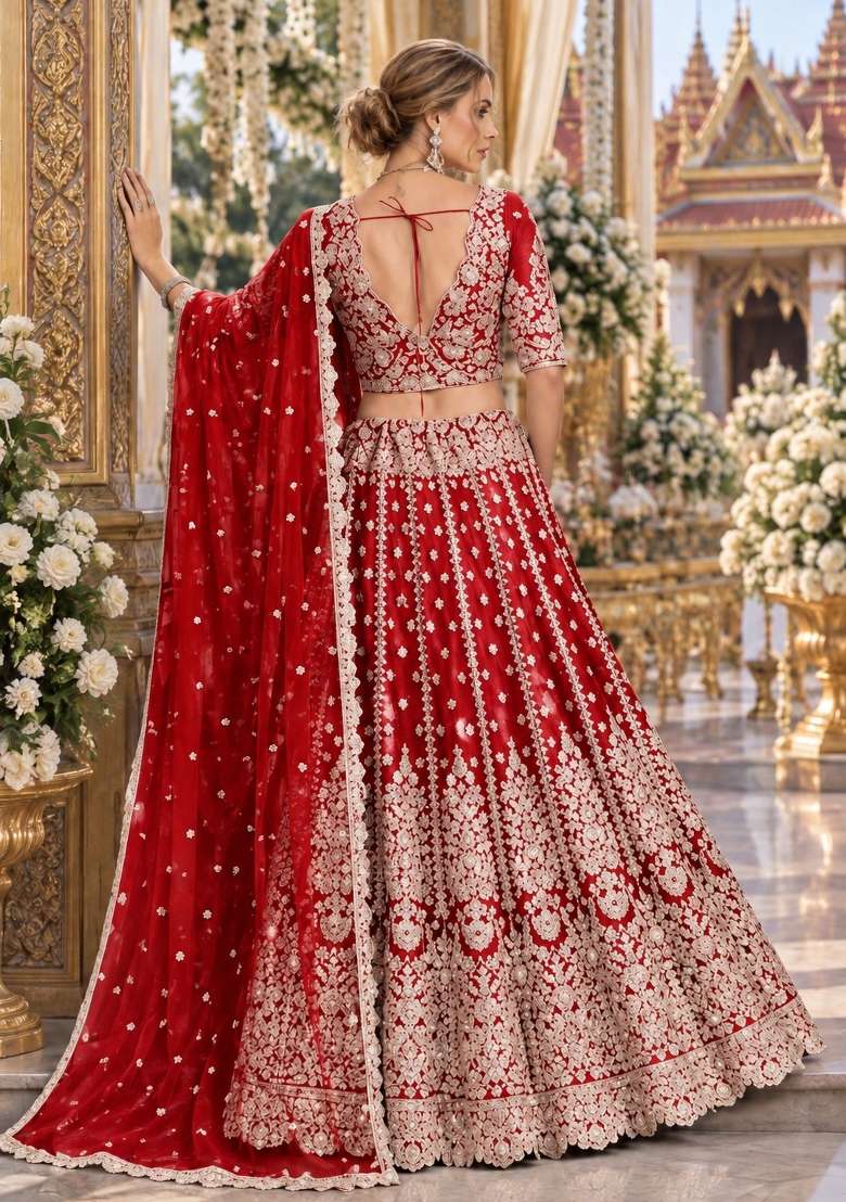 Red Zari Thread Net Lehenga Set - Indya
