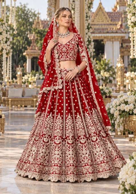 Red Zari Thread Net Lehenga Set
