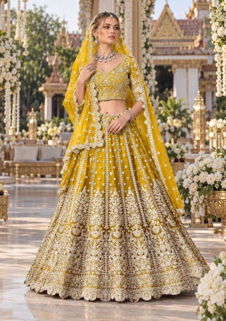 Yellow Zari Thread Net Lehenga Set - Indya