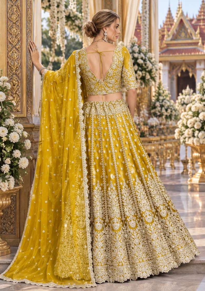 Yellow Zari Thread Net Lehenga Set - Indya