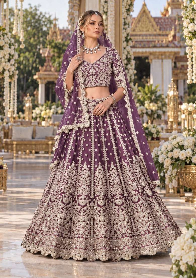 Purple Zari Thread Net Lehenga Set - Indya