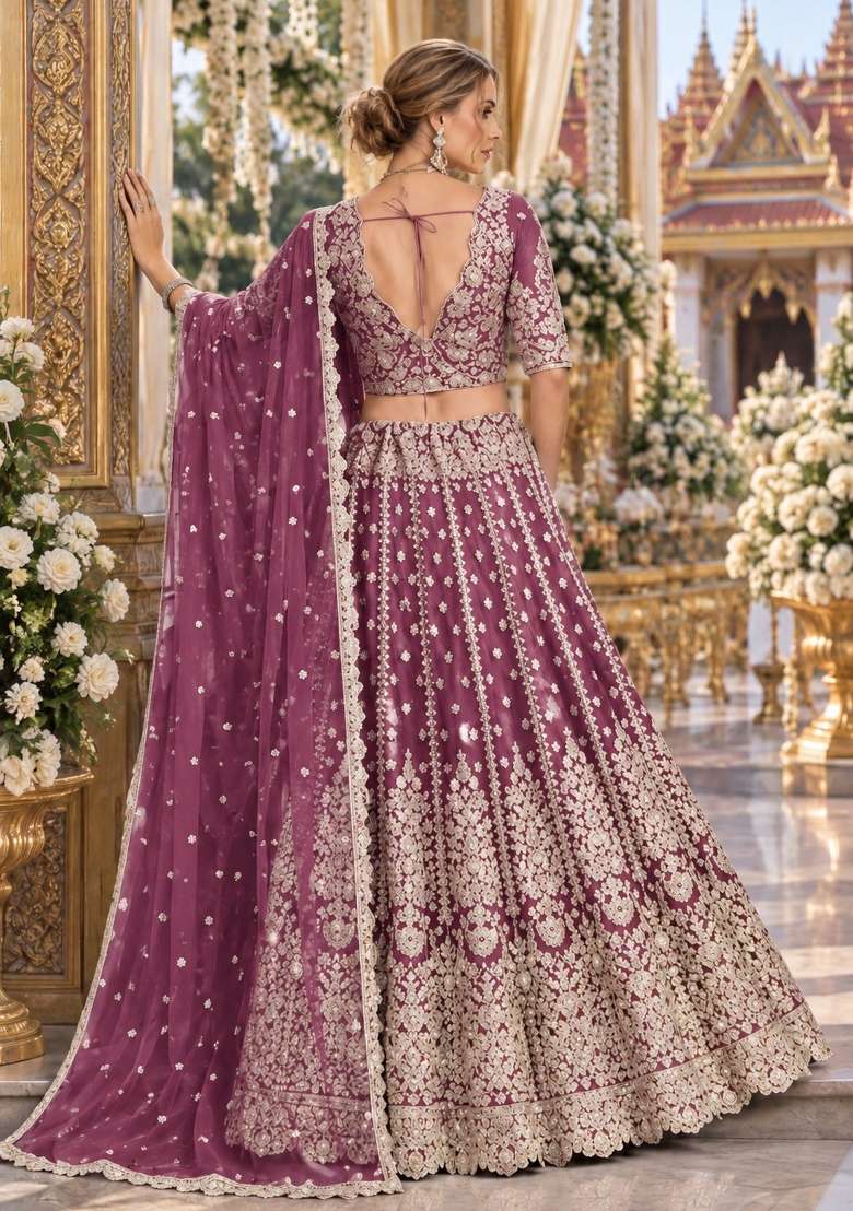 Purple Zari Thread Net Lehenga Set - Indya