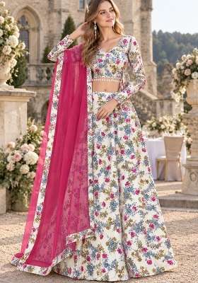White Printed Silk Lehenga Set for Diwali and Festive Wear