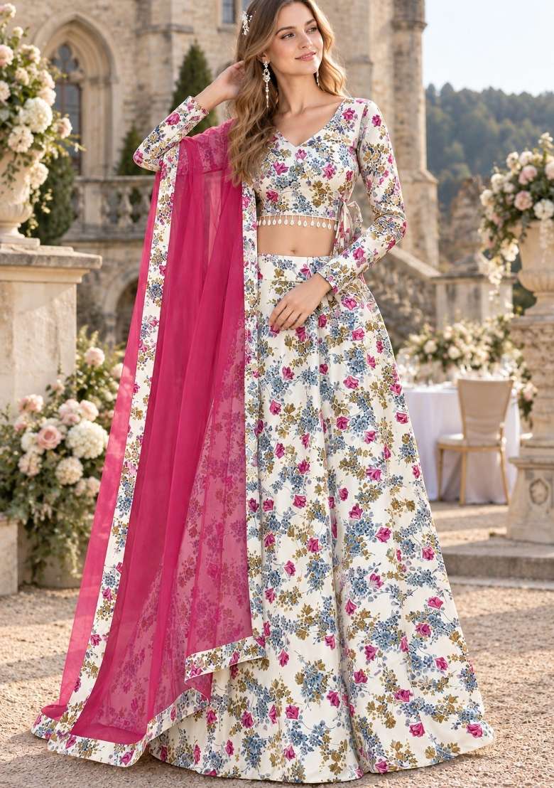 White Printed Silk Lehenga Set for Diwali and Festive Wear - Indya