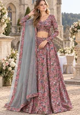 Peach Silk Lehenga Set with Printed for Diwali | Wedding & Festive Wear