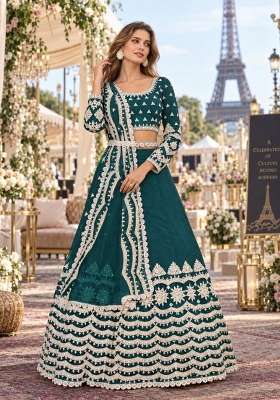 Teal Blue Thread Work Net Lehenga Set for Diwali and Festive Wear