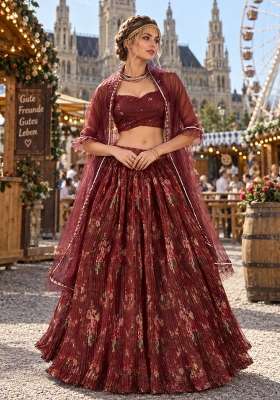 Maroon Sequin Work Organza Lehenga Set for Diwali and Festive Wear