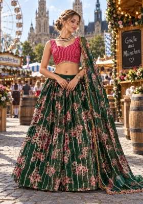 Dark Green Work Organza Lehenga Set with Sequin for Diwali | Wedding & Festive Wear