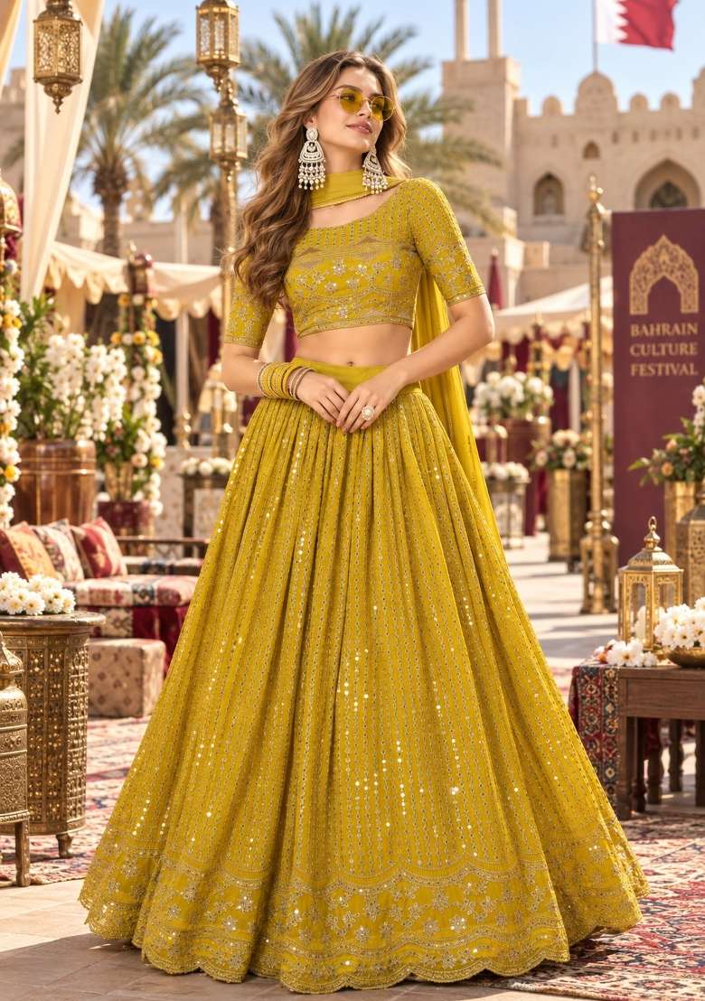 Yellow Sequin Work Georgette Lehenga Set - Indya