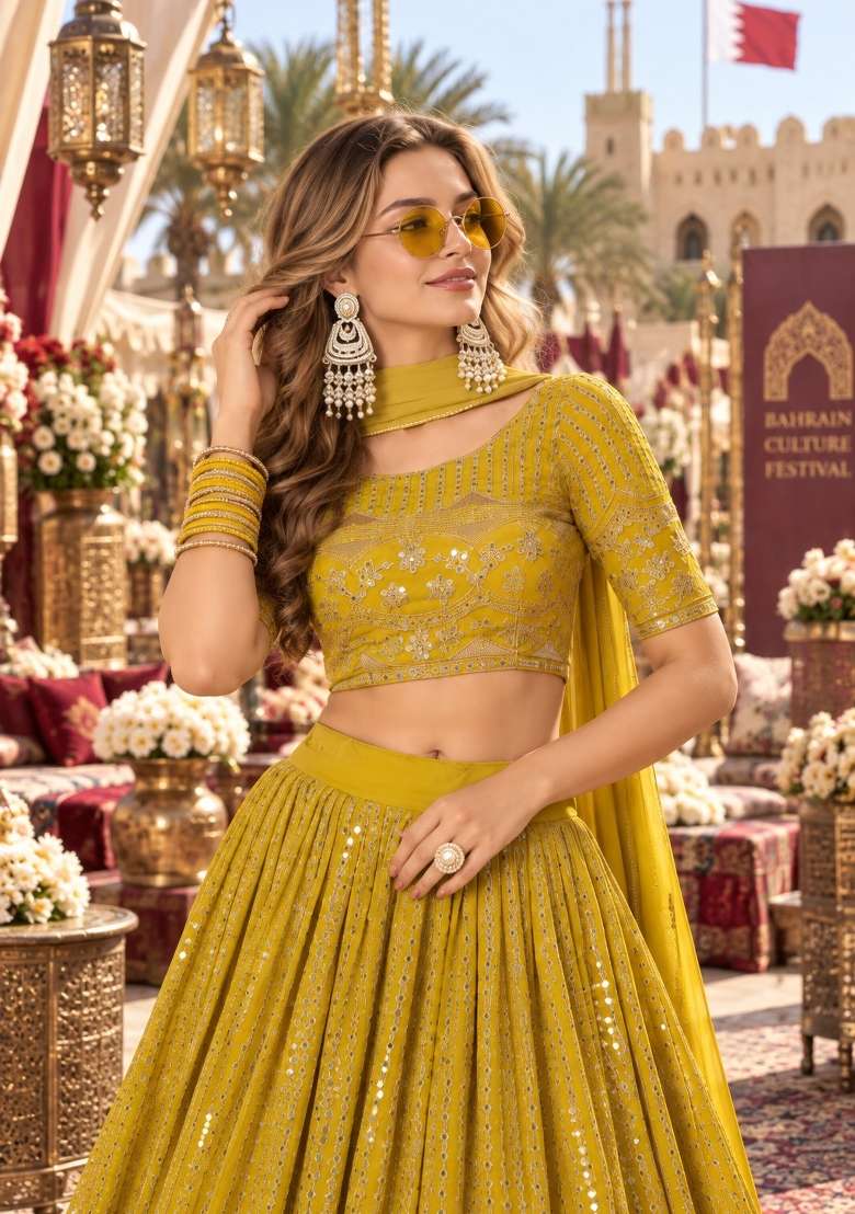 Yellow Sequin Work Georgette Lehenga Set - Indya