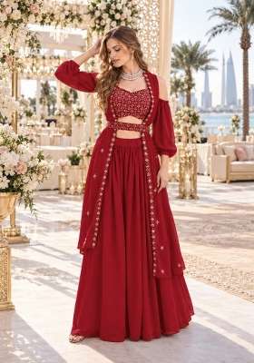 Blood Red Work Georgette Lehenga Set with Sequin for Diwali | Wedding & Festive Wear