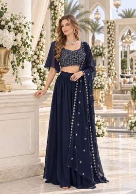 Navy Blue Sequin Work Georgette Lehenga Set for Diwali and Festive Wear