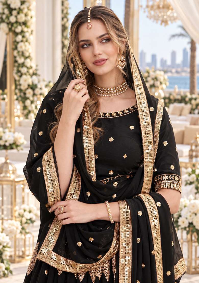 Black Sequin Work Georgette Lehenga Set - Indya