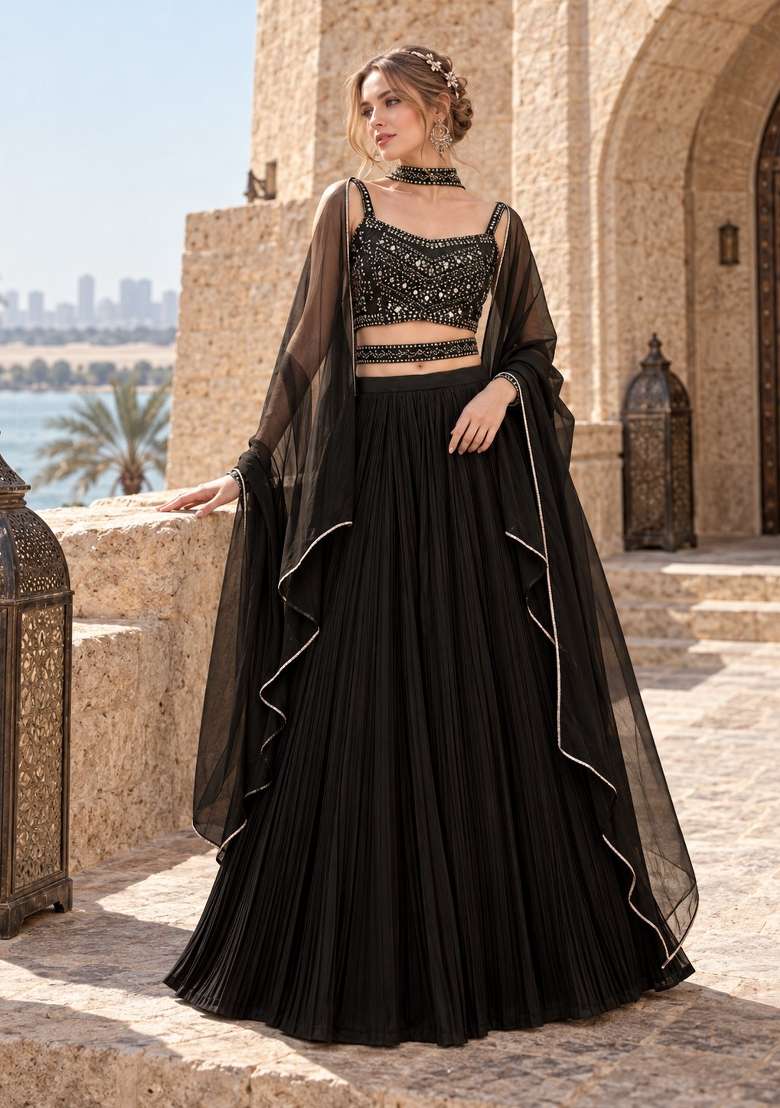 Black Sequin Work Georgette Lehenga Set for Diwali and Festive Wear - Indya