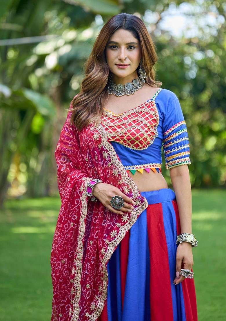 Blue Sequin Work Cotton Lehenga Set - Indya