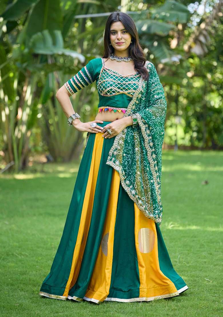Emerald Sequin Work Cotton Lehenga Set - Indya